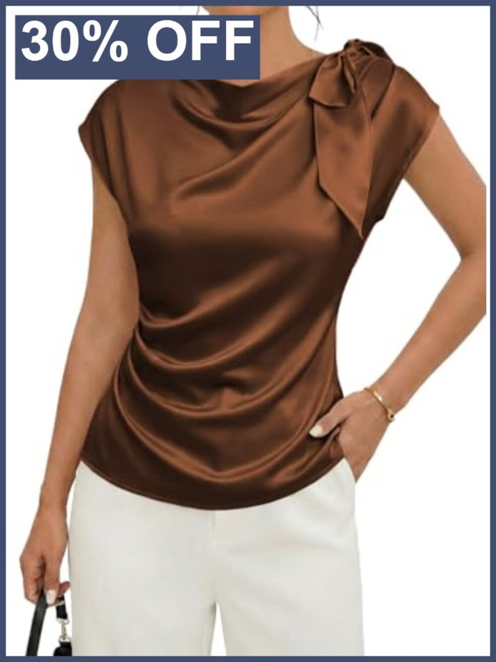 Satin Blouse with Cowl Neck and Short Sleeves for Women Dressy Casual